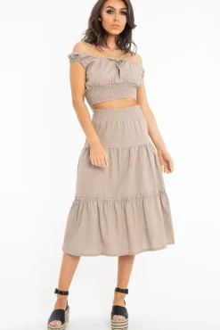 Rebellious Fashion Taupe Ruffle Shoulder Tie Back Crop Top - Melida