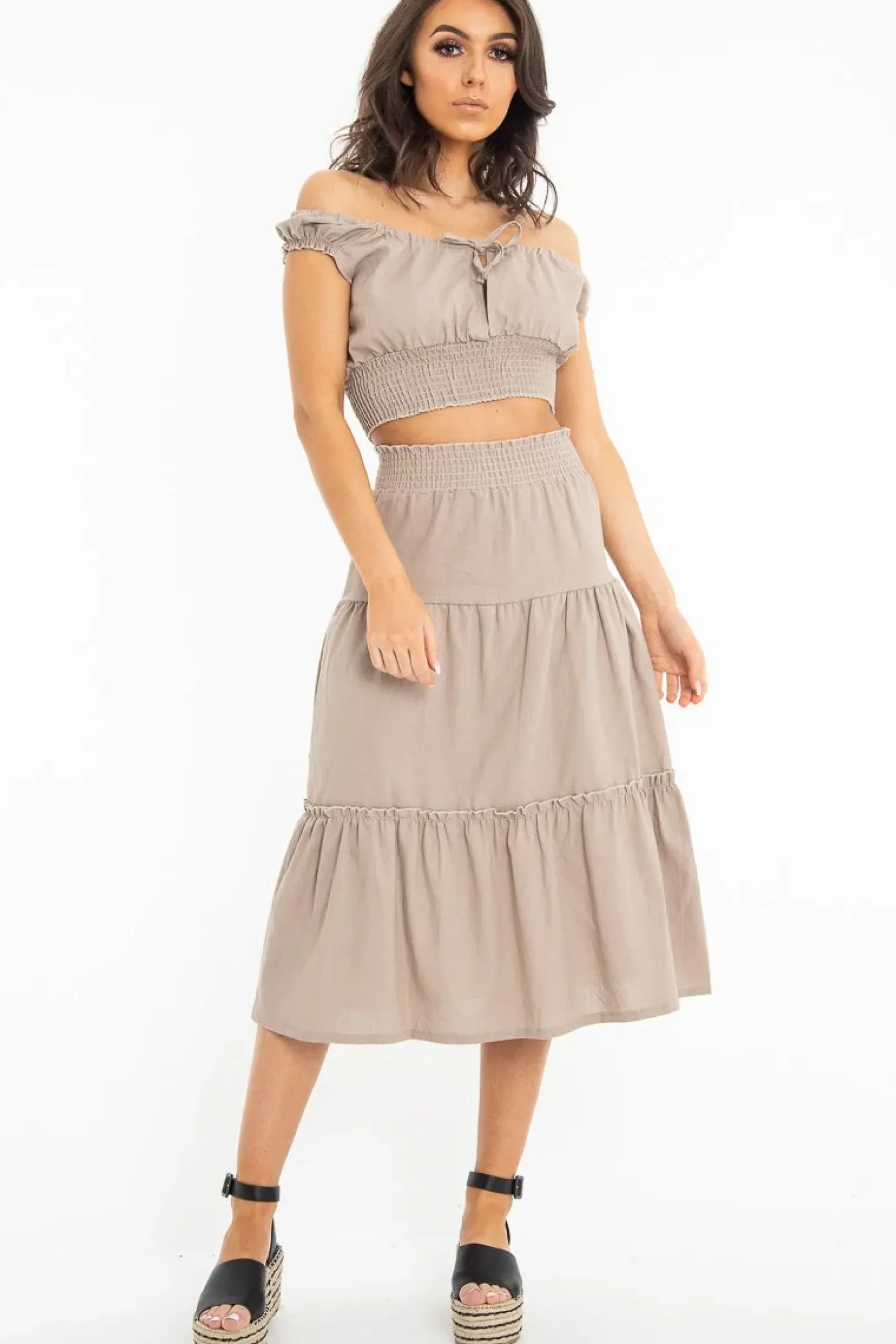 Rebellious Fashion Taupe Ruffle Shoulder Tie Back Crop Top - Melida
