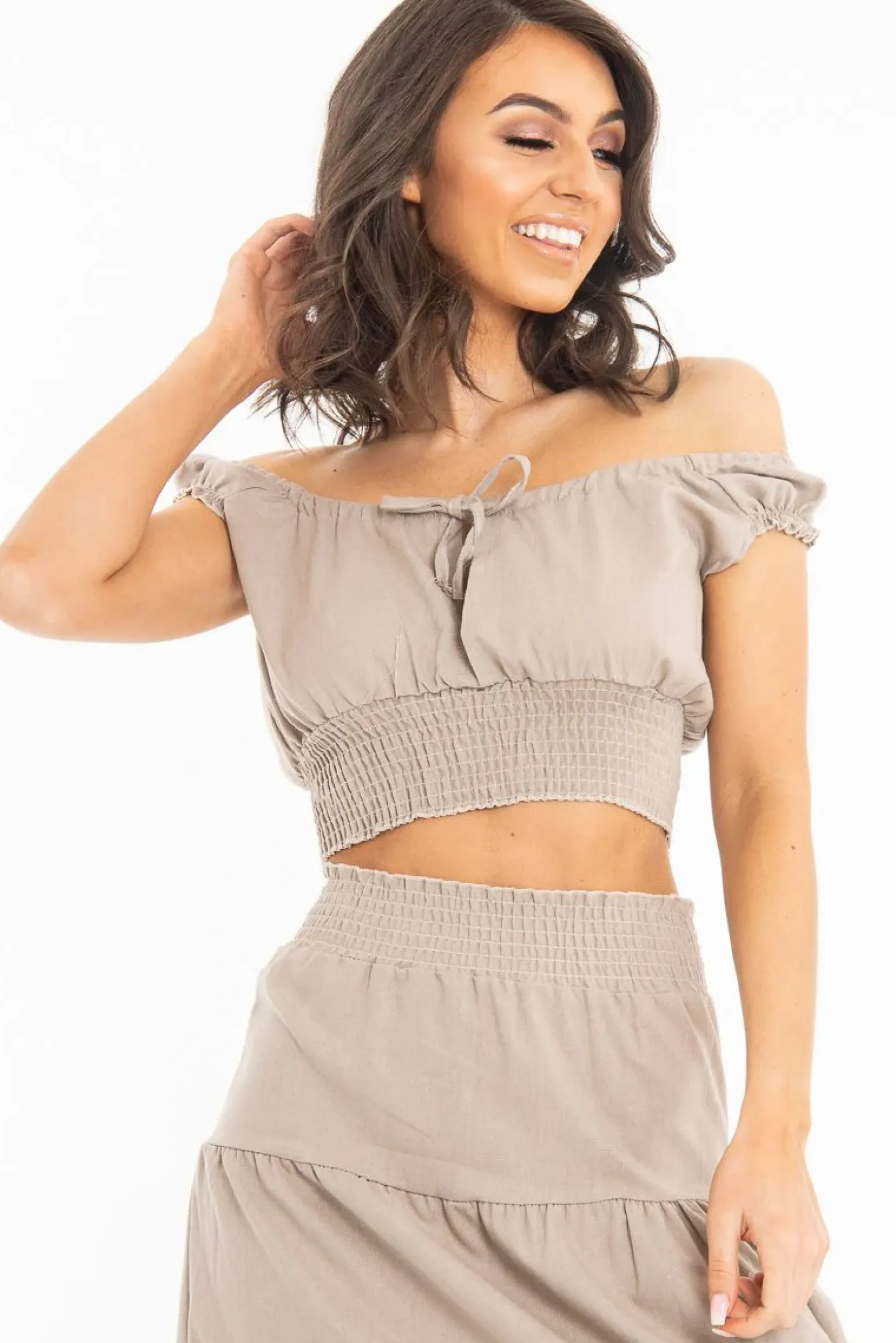 Rebellious Fashion Taupe Ruffle Shoulder Tie Back Crop Top - Melida