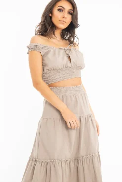 Rebellious Fashion Taupe Ruffle Shoulder Tie Back Crop Top - Melida