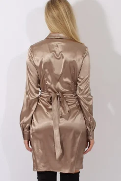 Rebellious Fashion Taupe Satin Wrap Dress - Jolene