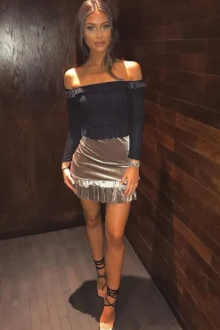 Rebellious Fashion Taupe Velvet Frill Hem Mini Skirt - Vicky