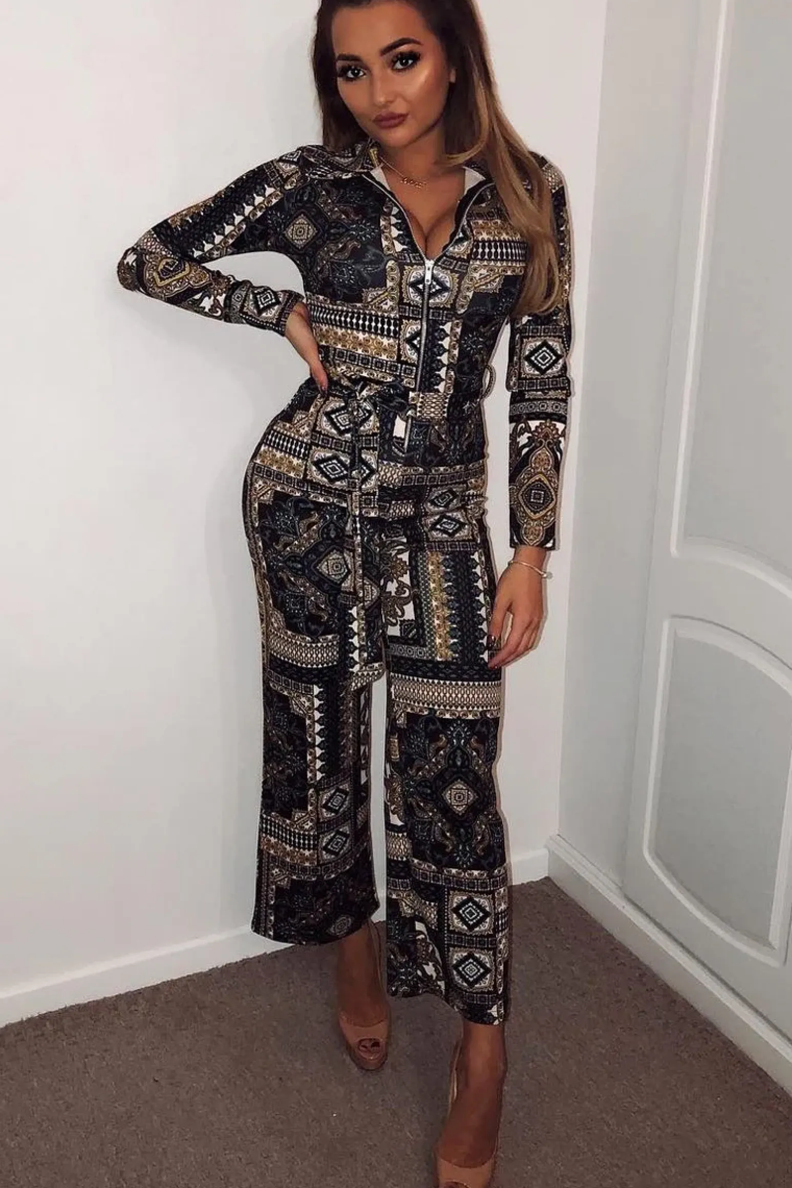Rebellious Fashion Teal Paisley Print Zip Front Jumpsuit - Aazeen