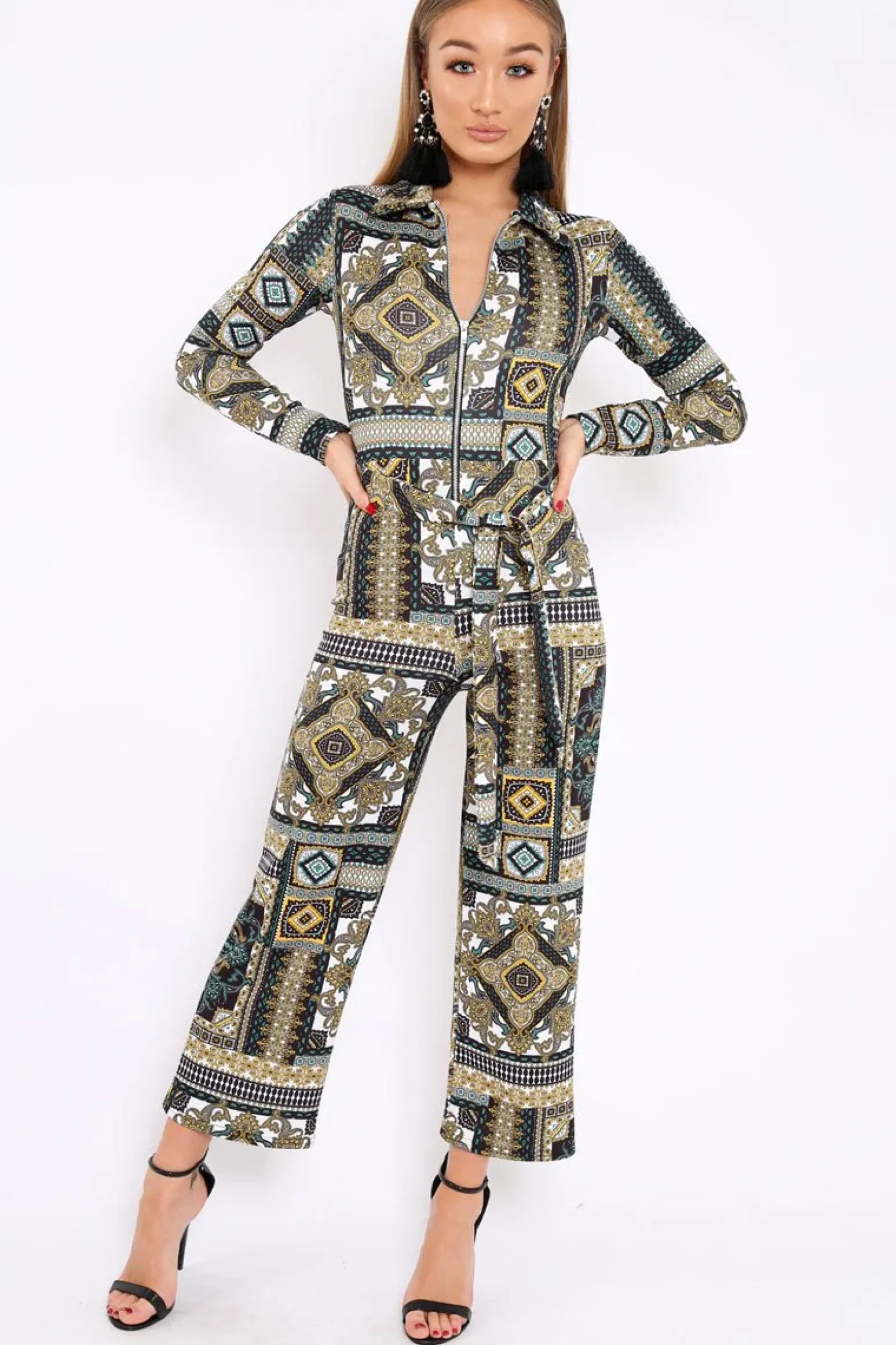 Rebellious Fashion Teal Paisley Print Zip Front Jumpsuit - Aazeen