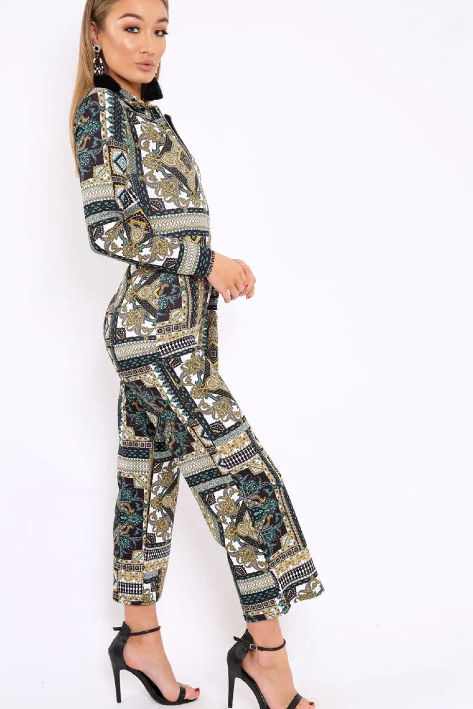Rebellious Fashion Teal Paisley Print Zip Front Jumpsuit - Aazeen