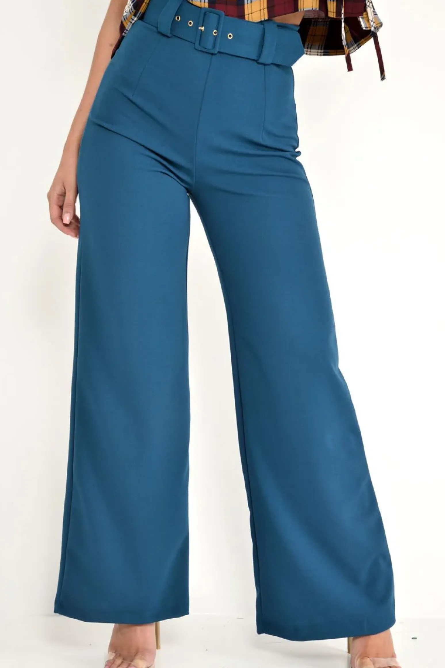 Rebellious Fashion Teal Tailored Wide Leg Belted Trousers - Chenelle