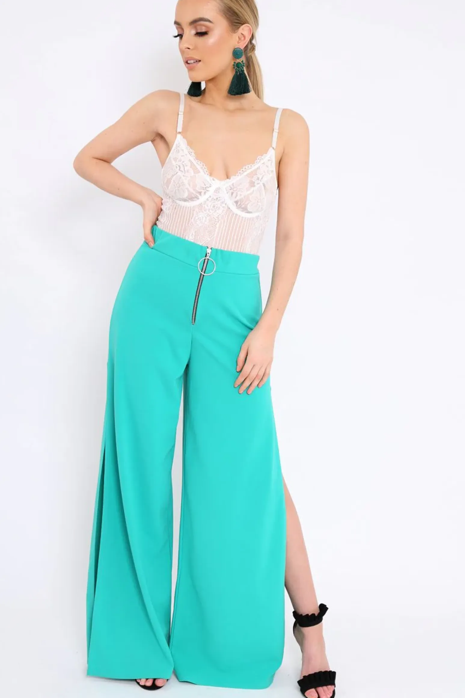 Rebellious Fashion Teal Zip Front High Waisted Flare Trousers - Gerta