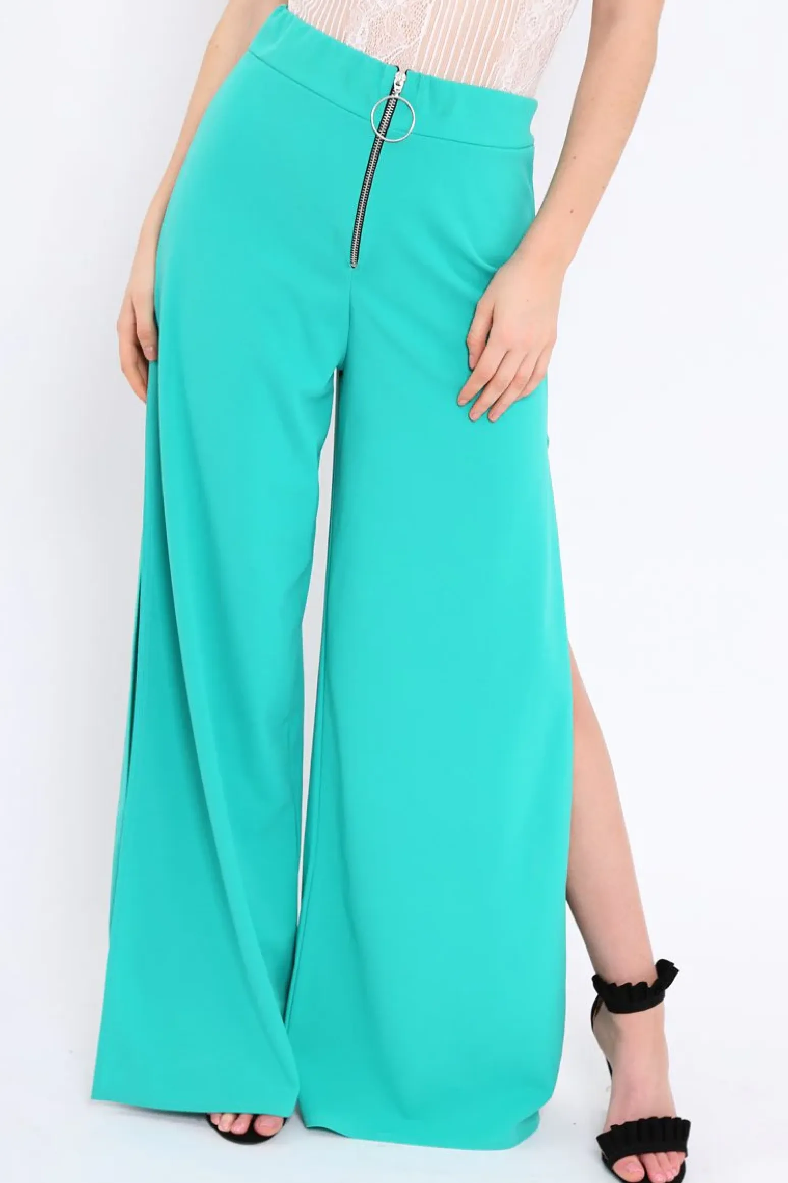 Rebellious Fashion Teal Zip Front High Waisted Flare Trousers - Gerta