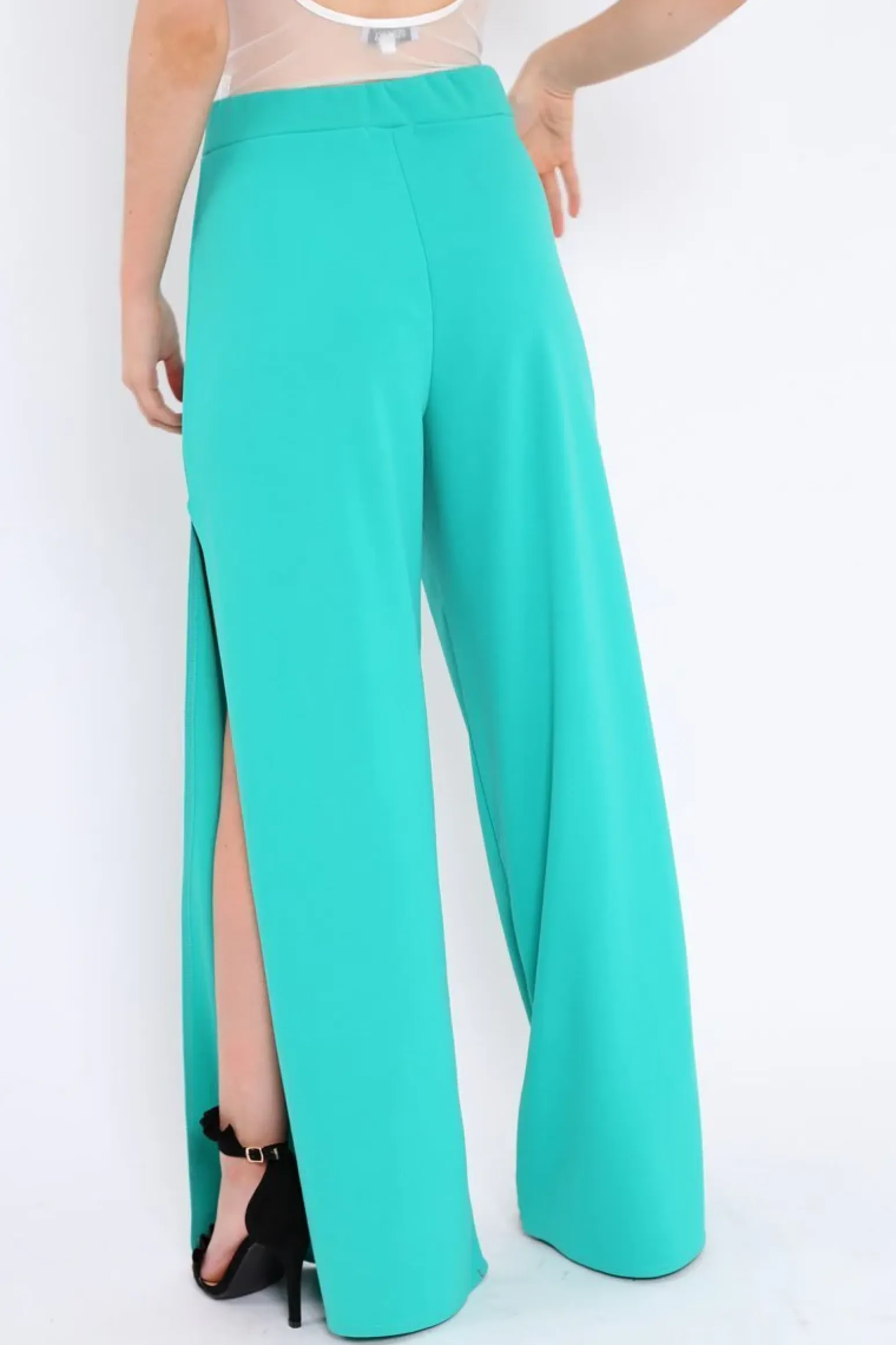 Rebellious Fashion Teal Zip Front High Waisted Flare Trousers - Gerta