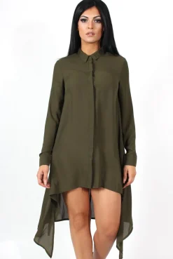 Rebellious Fashion Teri Khaki Dip Hem Shirt Dress