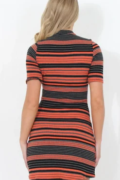 Rebellious Fashion Tilly Orange Stripe Short Sleeved Skater Dress
