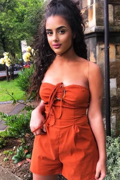 Rebellious Fashion Toffee Resin Buckle Tie Detail Halterneck Playsuit - Jules