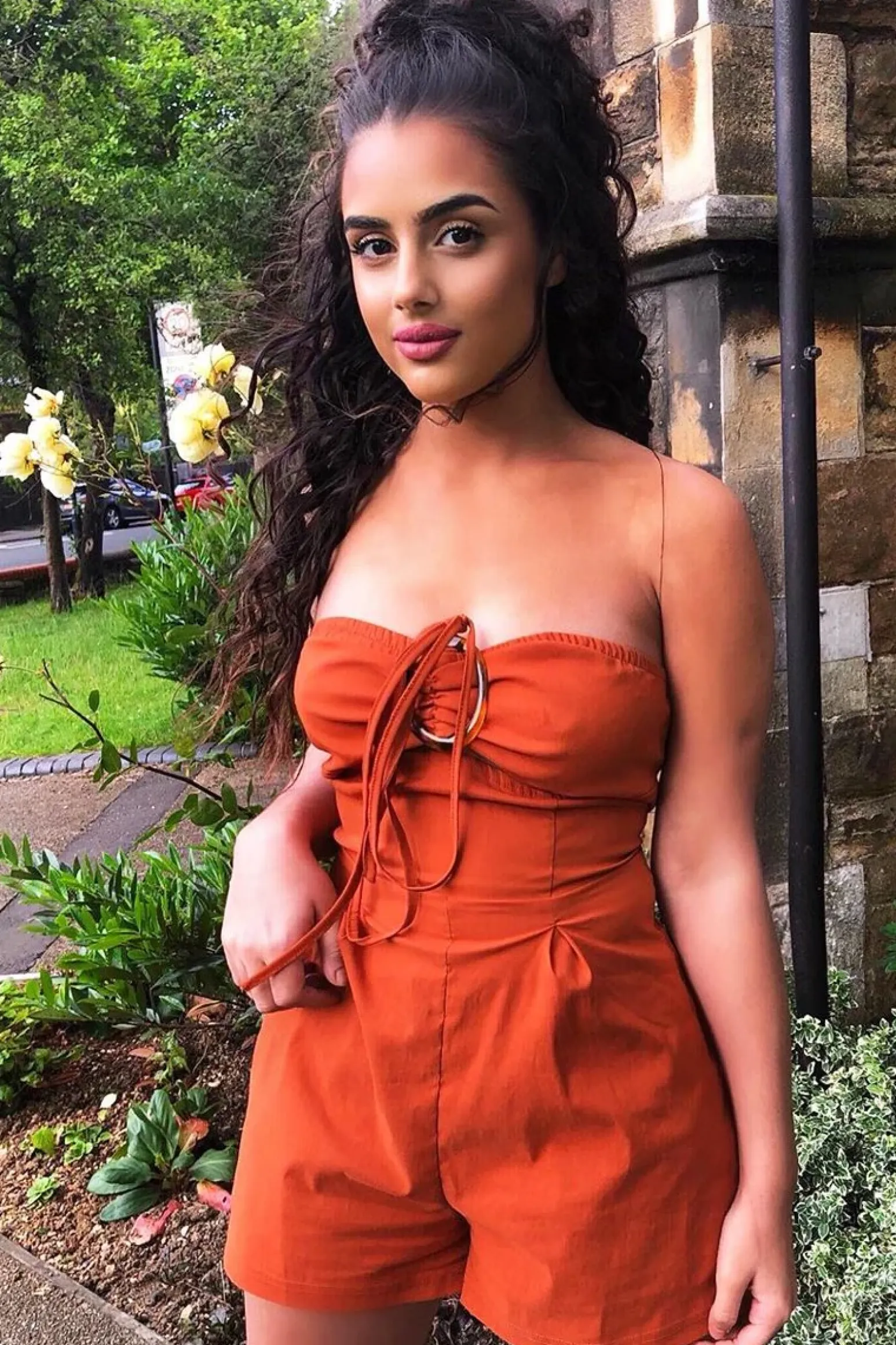 Rebellious Fashion Toffee Resin Buckle Tie Detail Halterneck Playsuit - Jules