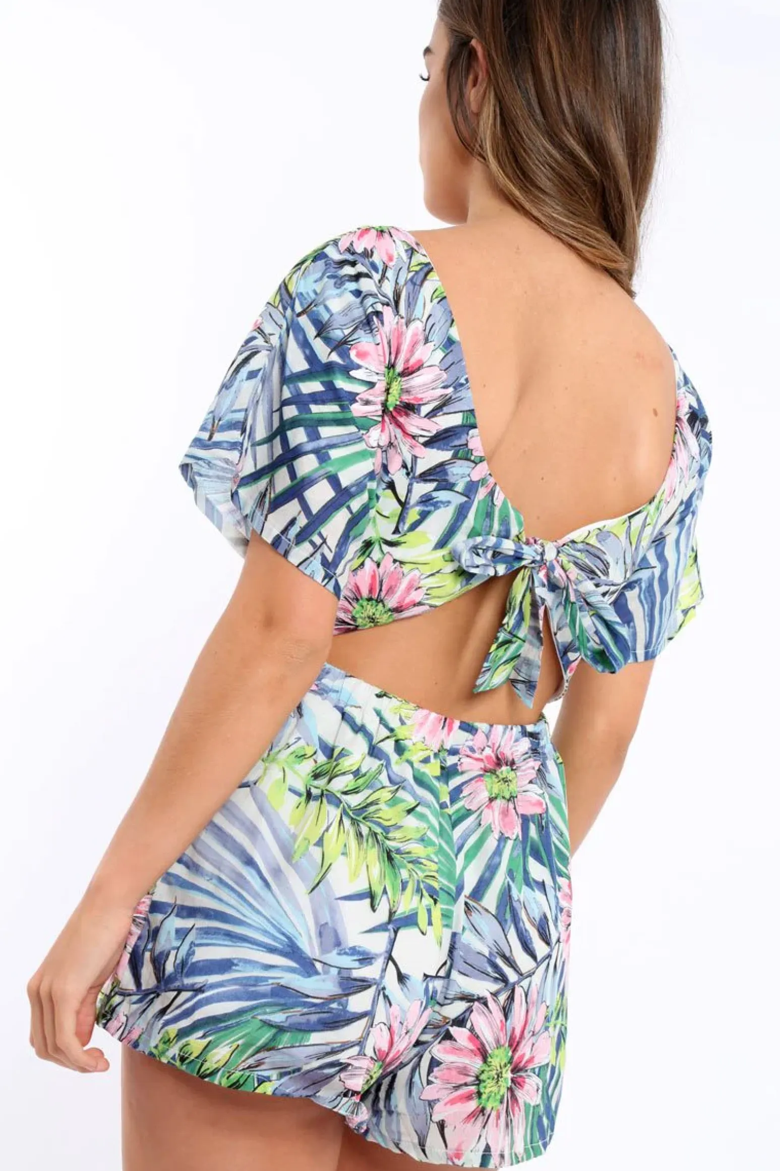 Rebellious Fashion Tropical Print with Open Tie Back Playsuit - Leannah