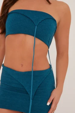Rebellious Fashion Turquoise Asymmetric Tie Detail Cropped Top & Mini Skirt Co-ord Set - Abey