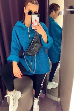Rebellious Fashion Turquoise Hooded Zip Front Borg Coat - Loryn