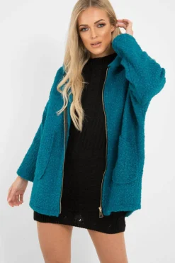 Rebellious Fashion Turquoise Hooded Zip Front Borg Coat - Loryn