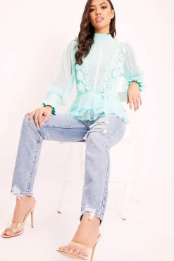 Rebellious Fashion Turquoise Lace Panel Net Sleeve Jumper - Dalila