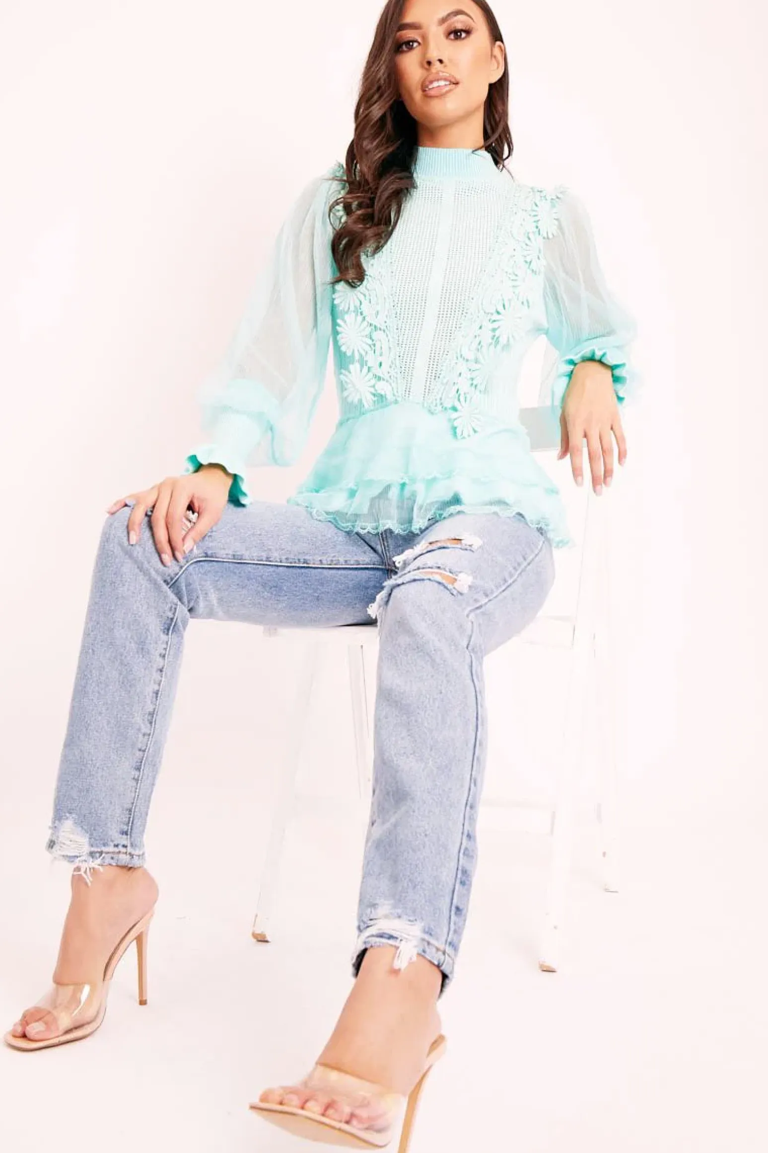 Rebellious Fashion Turquoise Lace Panel Net Sleeve Jumper - Dalila