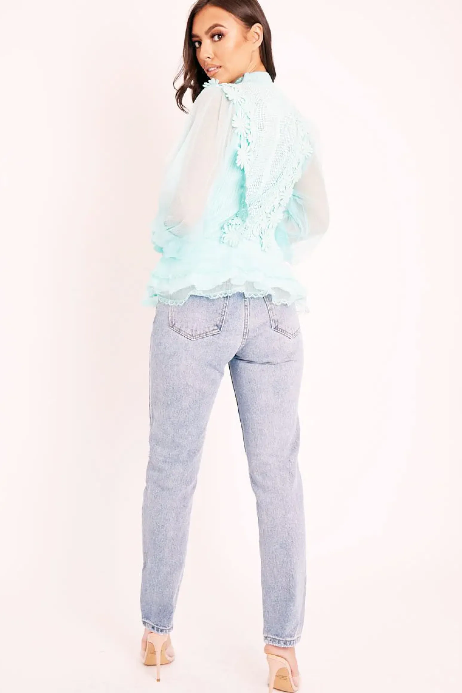 Rebellious Fashion Turquoise Lace Panel Net Sleeve Jumper - Dalila