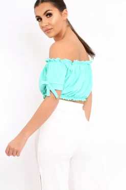 Rebellious Fashion Turquoise Ruched Bardot Gypsy Crop Top - Janette