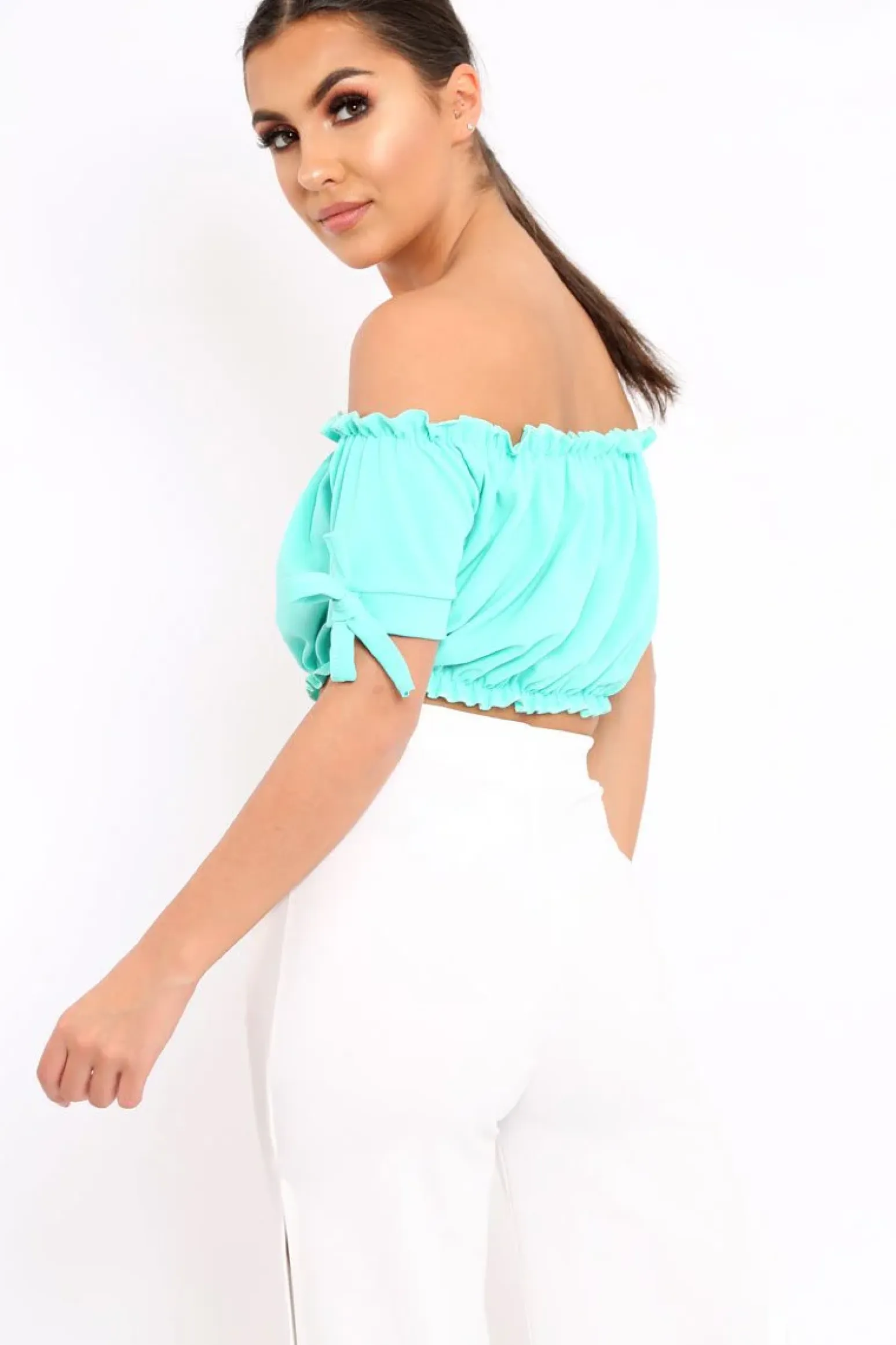 Rebellious Fashion Turquoise Ruched Bardot Gypsy Crop Top - Janette