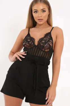 Rebellious Fashion VD - Black Lace Plunge Stripe Bodysuit - Paislea