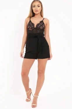 Rebellious Fashion VD - Black Lace Plunge Stripe Bodysuit - Paislea