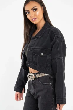Rebellious Fashion Washed Black Crop Denim Jacket - Nianna