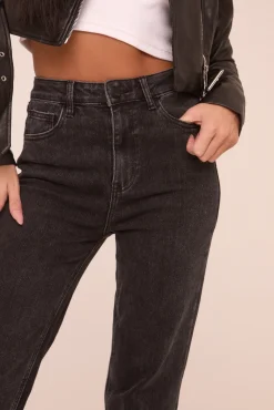 Rebellious Fashion Washed Black Stretch Mid Waist Straight Leg Frayed Hem Denim Jeans - Venus