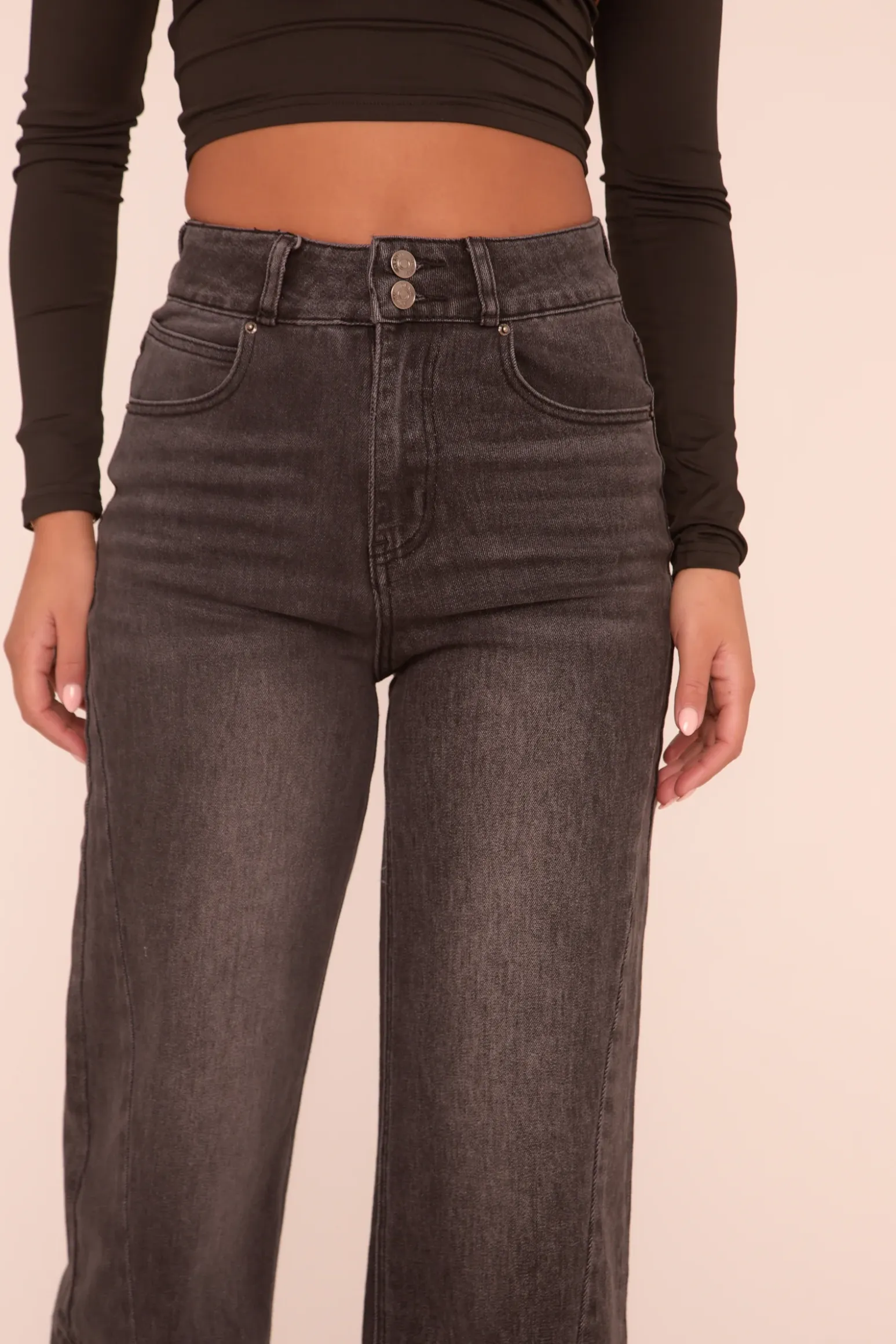 Rebellious Fashion Washed Black Stretch Seam Detail Wide Leg Denim Jeans - Lyra