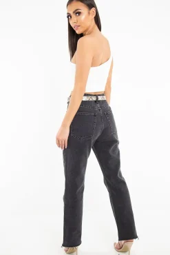 Rebellious Fashion Washed Black Wide Leg Denim Jeans - Annalya