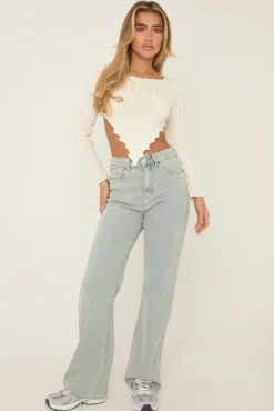Rebellious Fashion Washed Blue Stretch Frayed Hem Jeans - Scarlett