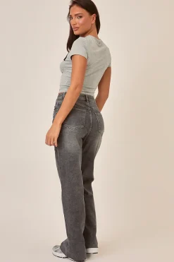 Rebellious Fashion Washed Grey Stretch Straight Leg Frayed Hem Jeans - Scarlett