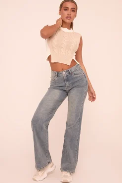 Rebellious Fashion Washed Mid Blue Stretch Straight Leg Jeans - Brianna