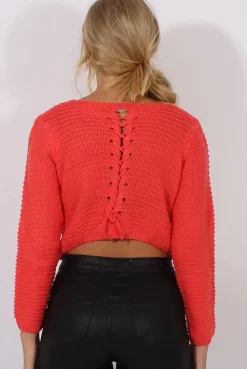 Rebellious Fashion Watermelon Red Back Lace Up Cropped Knitted Sweater - Jenara
