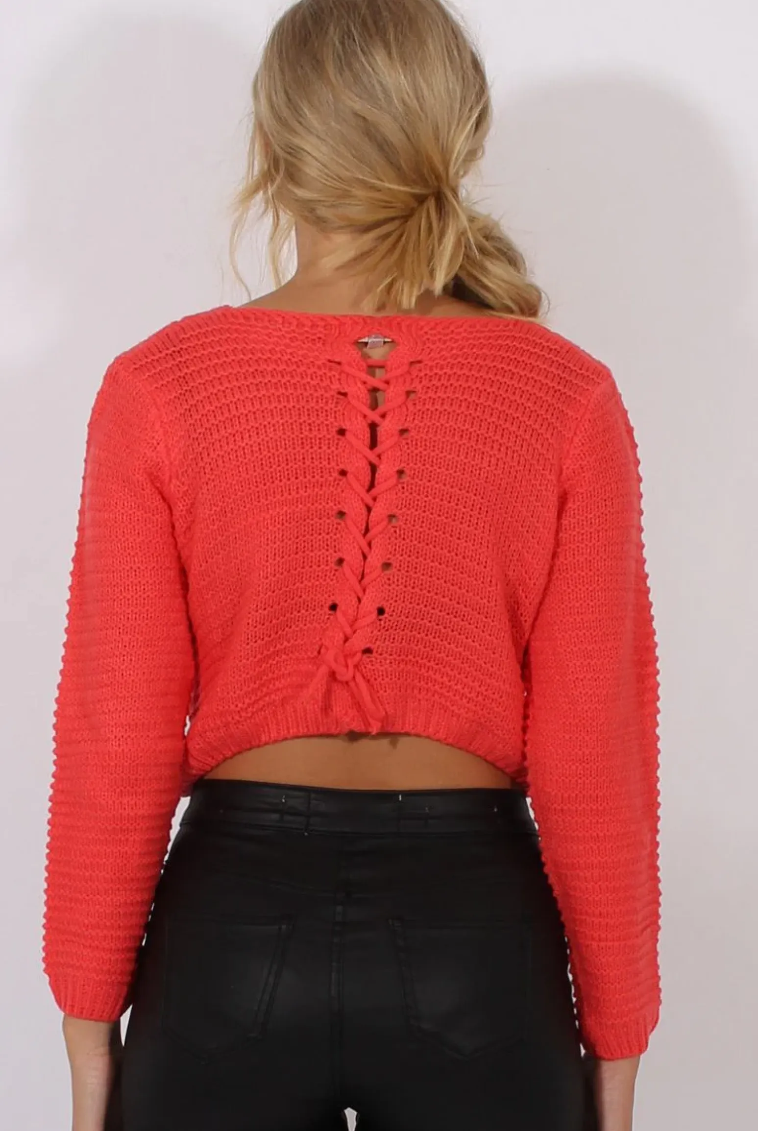 Rebellious Fashion Watermelon Red Back Lace Up Cropped Knitted Sweater - Jenara