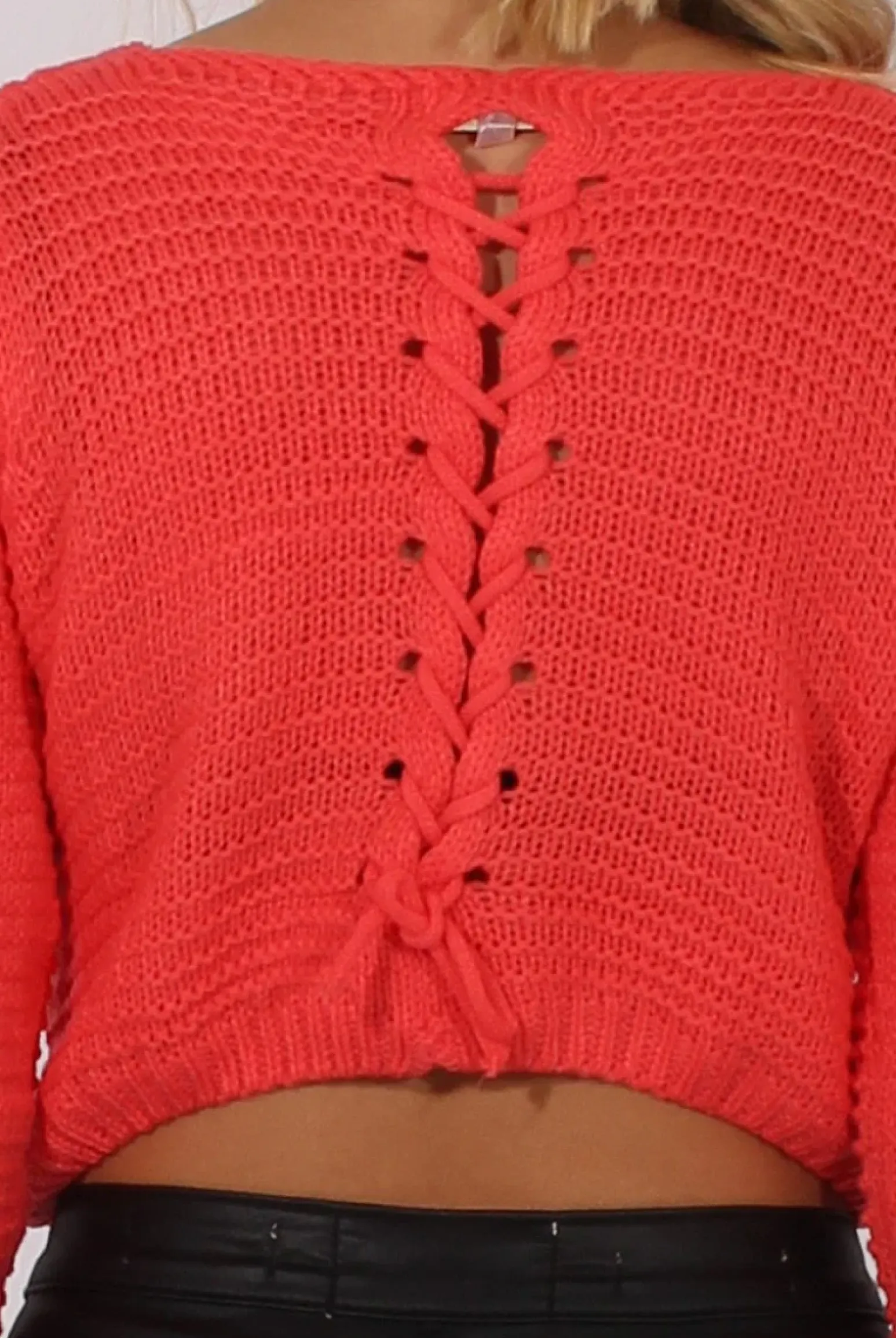 Rebellious Fashion Watermelon Red Back Lace Up Cropped Knitted Sweater - Jenara
