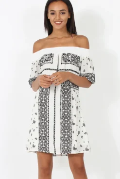 Rebellious Fashion White & Black Paisley Print Bardot Dress - Penny