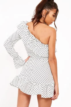 Rebellious Fashion White and Black Polka Dot One Shoulder Frill Dress - Zyann