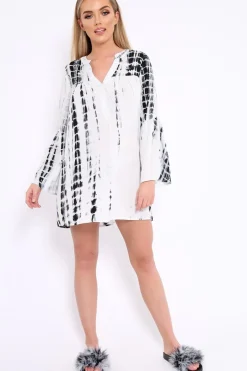 Rebellious Fashion White and Black Tie Dye Smock Dress - Peony