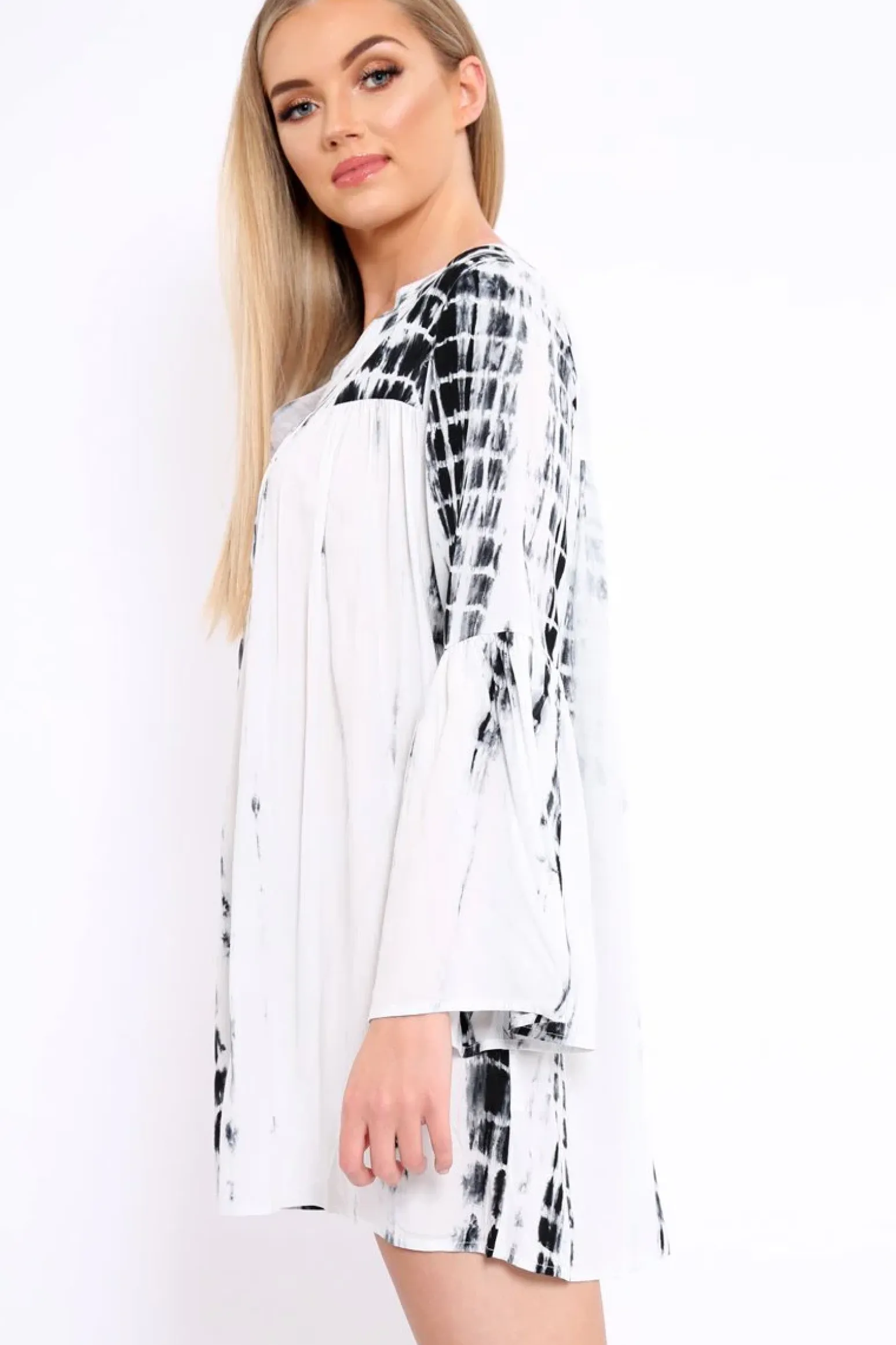 Rebellious Fashion White and Black Tie Dye Smock Dress - Peony
