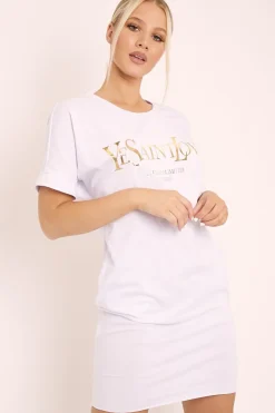 Rebellious Fashion White and Gold Parisian Slogan T-shirt Dress - Claire