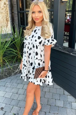 Rebellious Fashion White Black Cow Print Tiered Smock Dress - Makensi