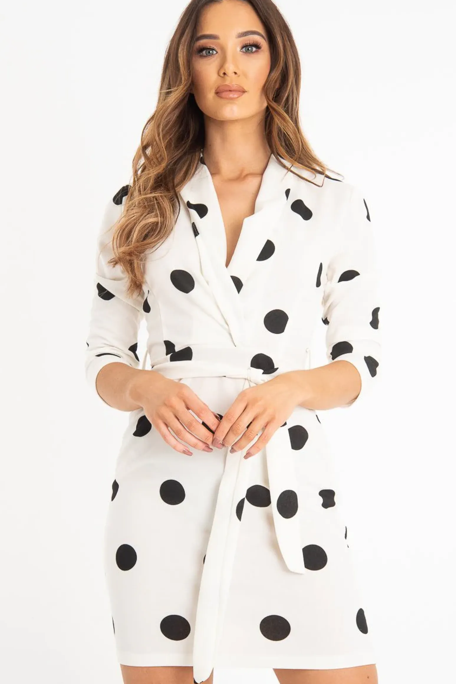 Rebellious Fashion White Black Polka Dot Wrap Front Midi Dress - Daisy