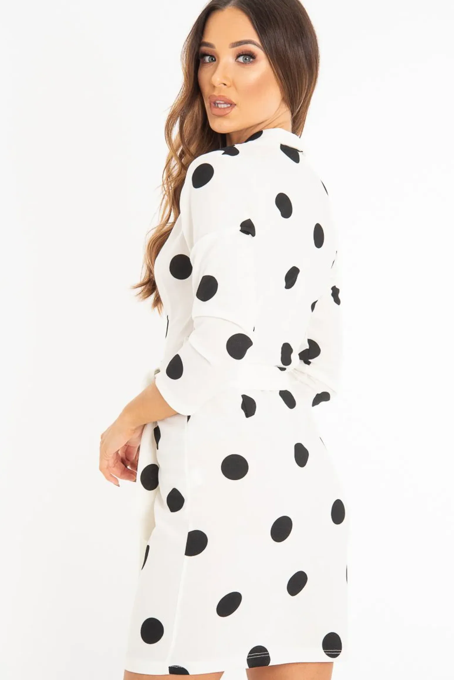 Rebellious Fashion White Black Polka Dot Wrap Front Midi Dress - Daisy