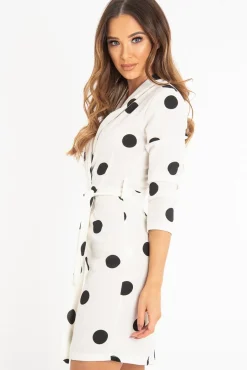 Rebellious Fashion White Black Polka Dot Wrap Front Midi Dress - Daisy