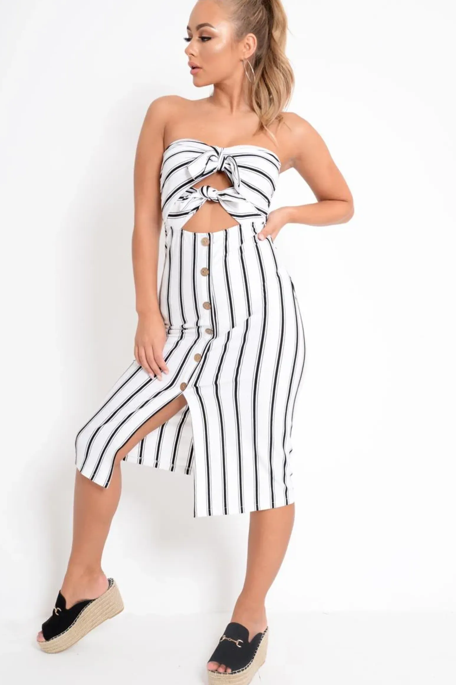 Rebellious Fashion White Black Stripe Bandeau Tie Front Midi Dress - Lodema