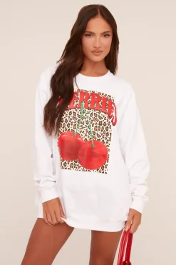 Rebellious Fashion White Cherry Print Oversized Sweatshirt Mini Dress - Jerry