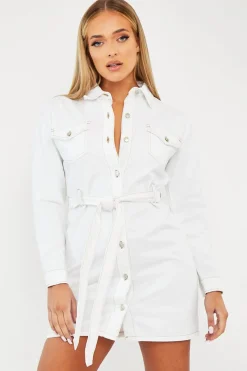 Rebellious Fashion White Contrast Stitch Belted Denim Dress - Donia